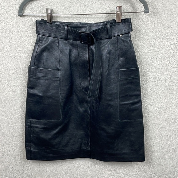 New Hugo Boss Semita Leather Belted Skirt Black A Line Utility Pockets Sz 0 - Picture 5 of 15